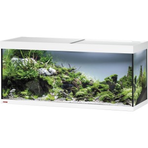 Weißes Eheim VivalineLED 240 Aquarium-Komplettset mit Abdeckung und üppiger Bepflanzung.