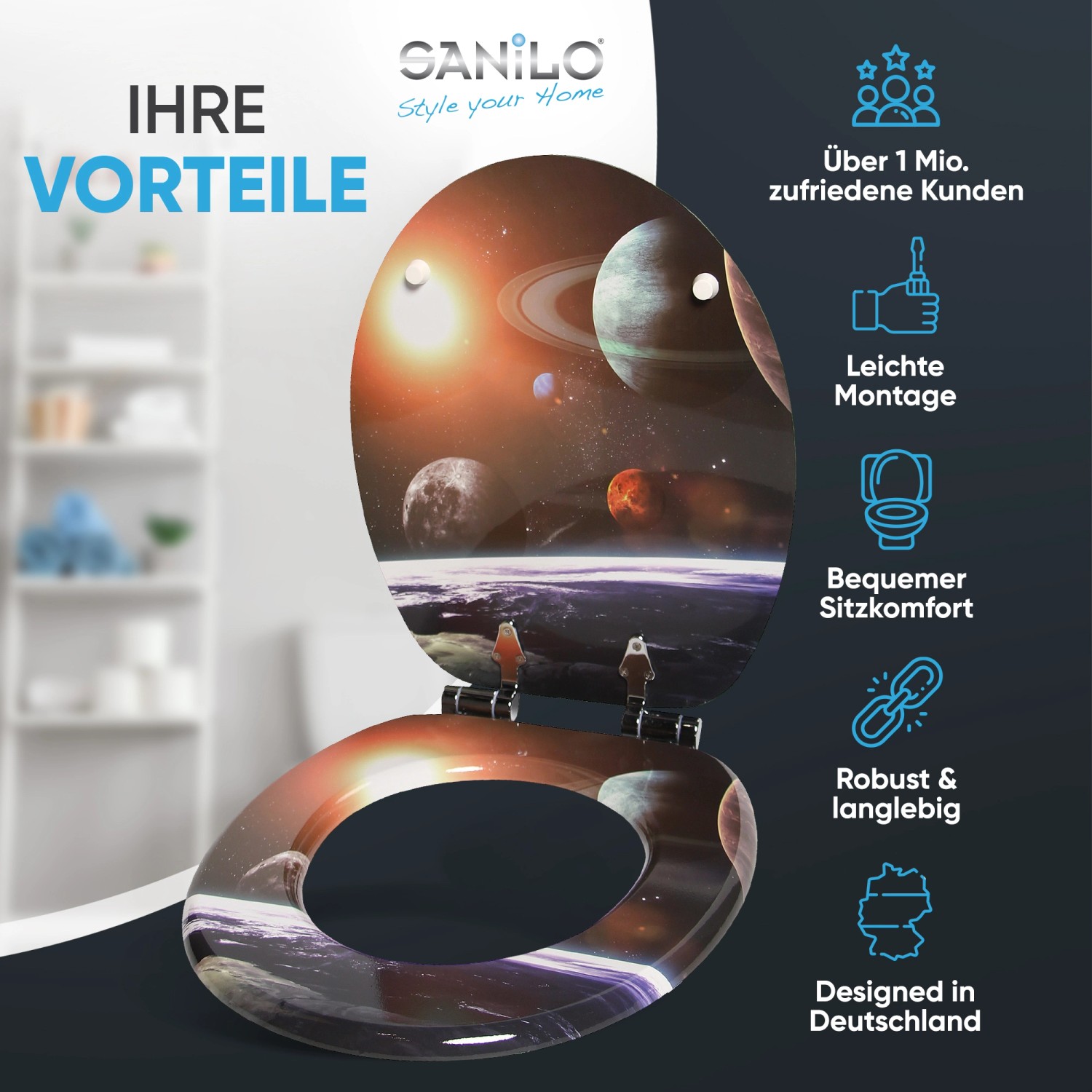 Sanilo WC-Sitz mit Absenkautomatik, Planeten-Design, aus Holz.