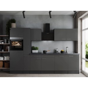 Moderne Respekta Küchenzeile Oliver 310 cm in Grau mit E-Geräten und Spüle.