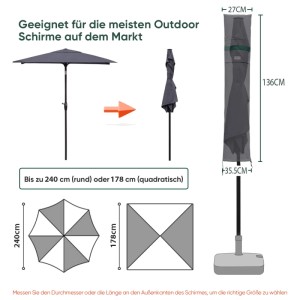 Sekey Schutzhülle für Sonnenschirme bis 240 cm, aus Polyester, mit Teleskopstab zur einfachen Montage.