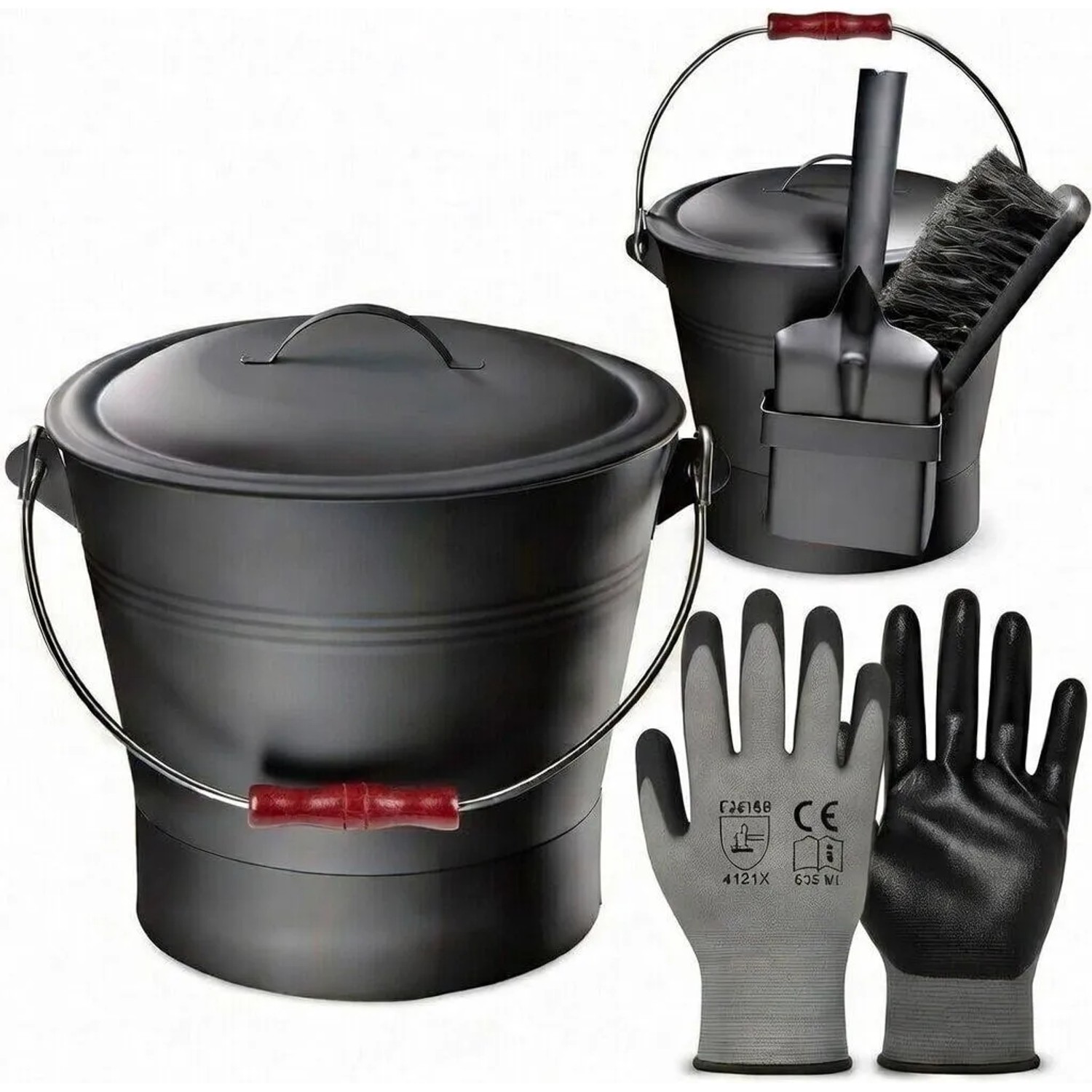 BLACK OAK Ascheeimer LANIN 8L mit Deckel, Schaufel und Besen – Aschebehälter aus Metall 28×28×26 cm mit Dunklem Griff