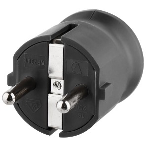 Schwarzer Schutzkontaktstecker (Schuko) für 230V Spannung.