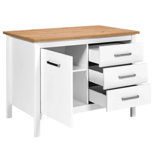 Piazza Kücheninsel Bartisch in Weiß mit Artisan Eiche Arbeitsplatte, offenen Schubladen und Tür. Vielseitiger Küchenunterschrank.