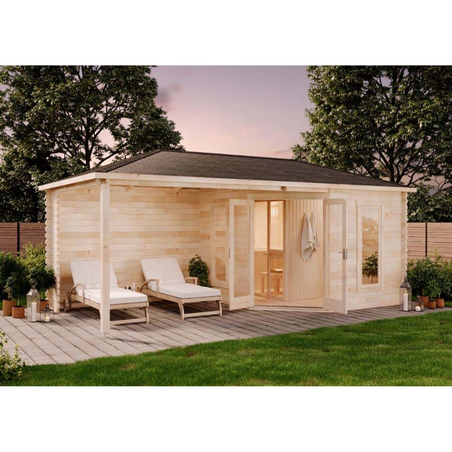 Finntherm Gartensauna Liwa Naturbelassen 608 cm x 312 cm Wandstärke 40 mm