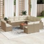 Beige 12-tlg. Garten-Sofagarnitur aus Poly Rattan mit Tisch und cremeweißen Kissen.