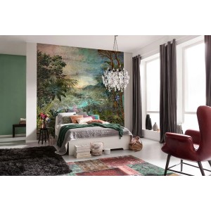 Schlafzimmer mit Sanders & Sanders Fototapete Dschungel Grün 250x250cm.