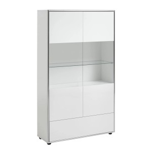 Weiße Hochglanz Vitrine Kenan mit 2 Türen, 1 Schublade und verchromtem Metallrahmen.