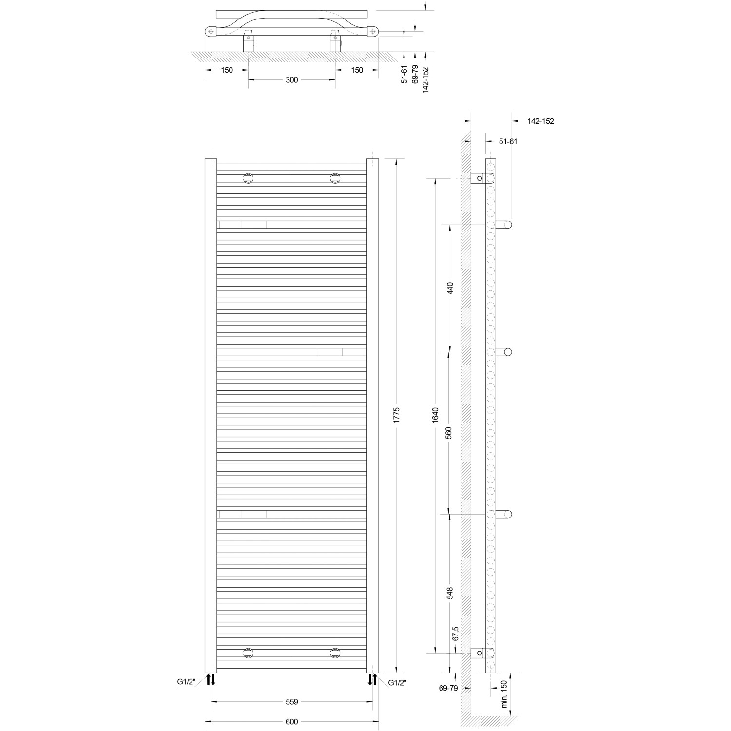 Technische Zeichnung: Schulte Design-Heizkörper Miami, Maße und Anschlüsse für Installation.