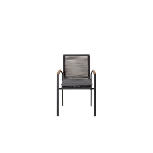 Schwarzer, stapelbarer Gartenstuhl Dallas mit Armlehnen in Holzoptik und grauem Sitzkissen.