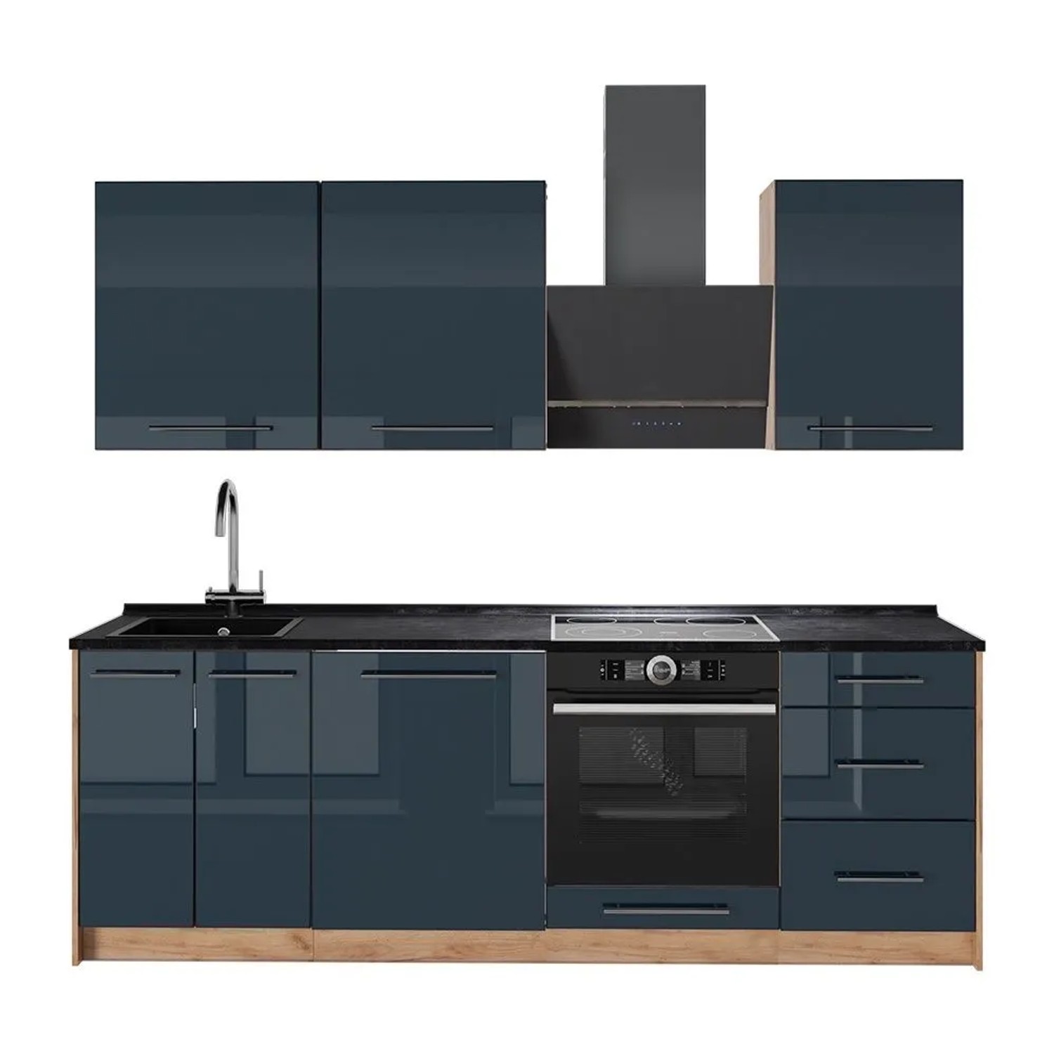 Vicco Küchenzeile Fame-Line Dunkelblau Hochglanz/Goldkraft Eiche 230 x 82 ohne Arbeitsplatte Art Nr 65734