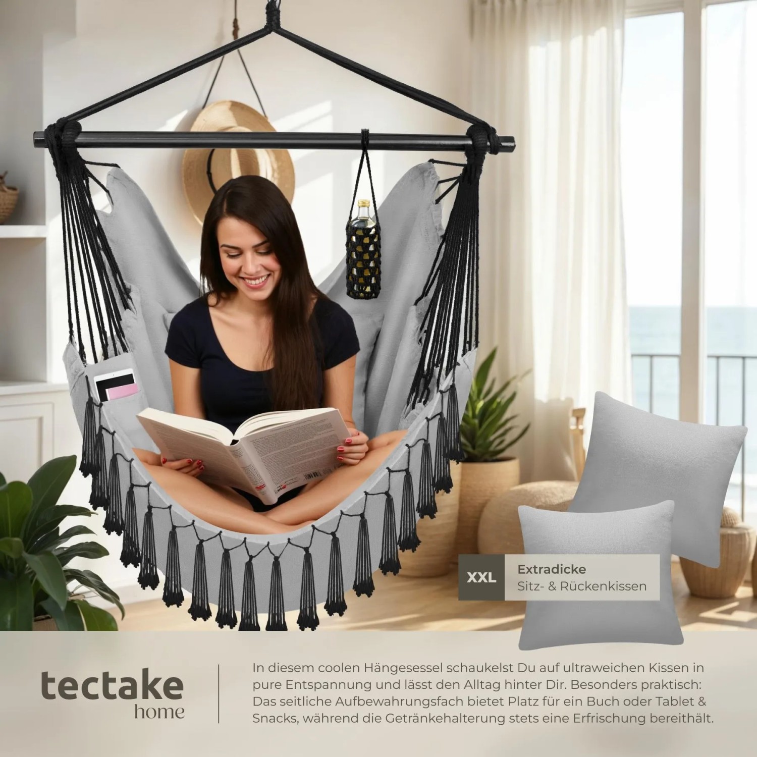 Grauer Tectake Hängesessel Malika mit Kissen, Bücherfach und Flaschenhalterung. Ideal zum Entspannen.
