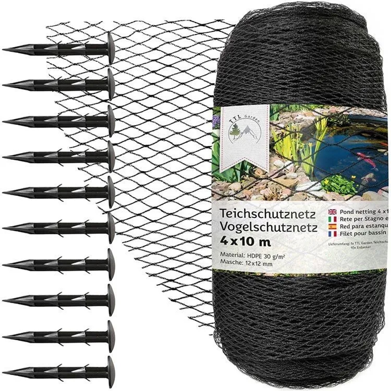 TTL GARDEN Teichschutznetz 4x10m 12x12mm 30g/m² Anthrazit Vogelschutznetz Teichnetz Laubnetz Gartennetz aus HDPE
