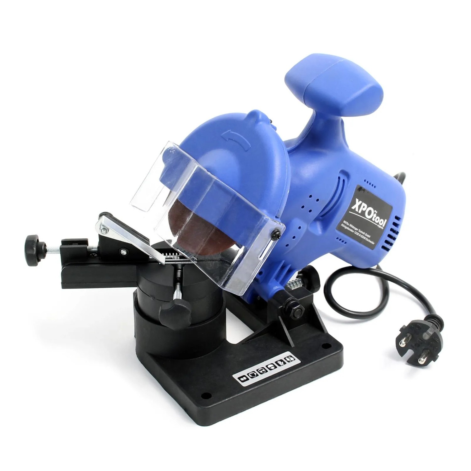 Blau-schwarzes elektrisches Kettensägen Schärfgerät mit Schleifscheibe und verstellbarer Spannvorrichtung.