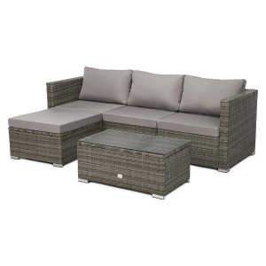 Graue Svita Queens PolyRattan Lounge Gartenmöbel Garnitur mit Tisch und Ottomane.