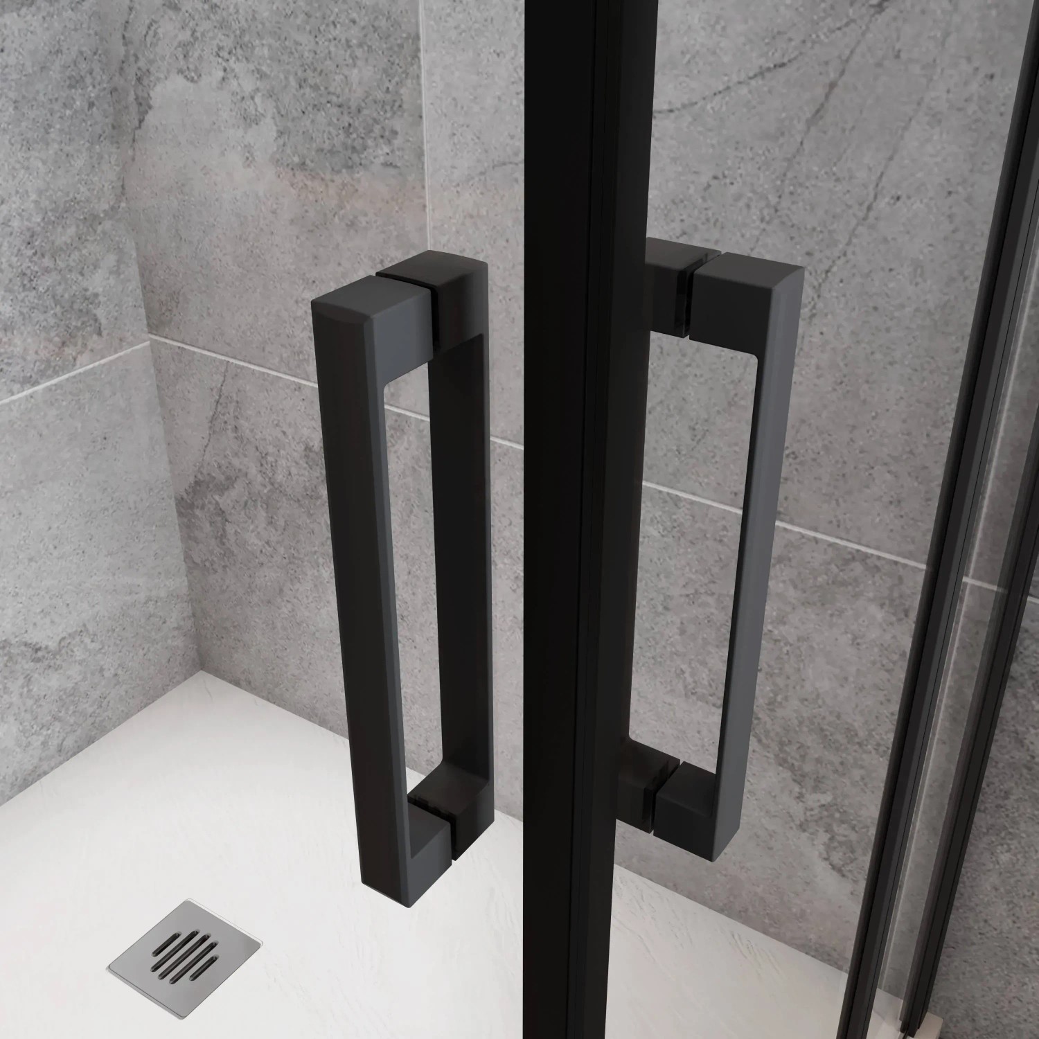 Detailaufnahme: Schwarze AICA Duschkabine mit Drehtür und Griff. Eckeinstieg, 6mm Nanoglas.