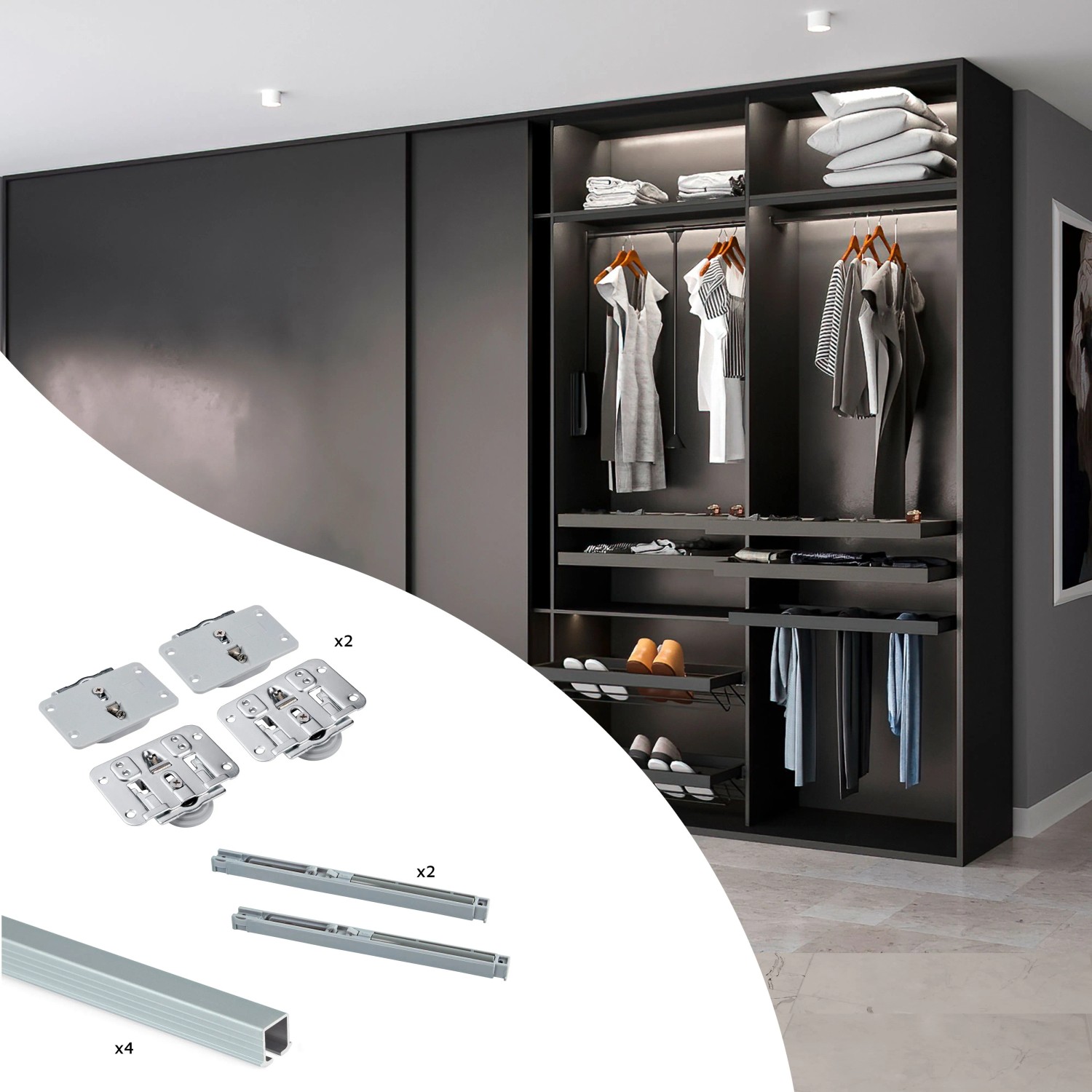 Emuca Set aus Hardware Set für Eine Barn Holz Hänge Schiebetür mit Soft Close Paneele Nicht Inbegriffen Stahl und Kunststoff Schwarz Lackiert