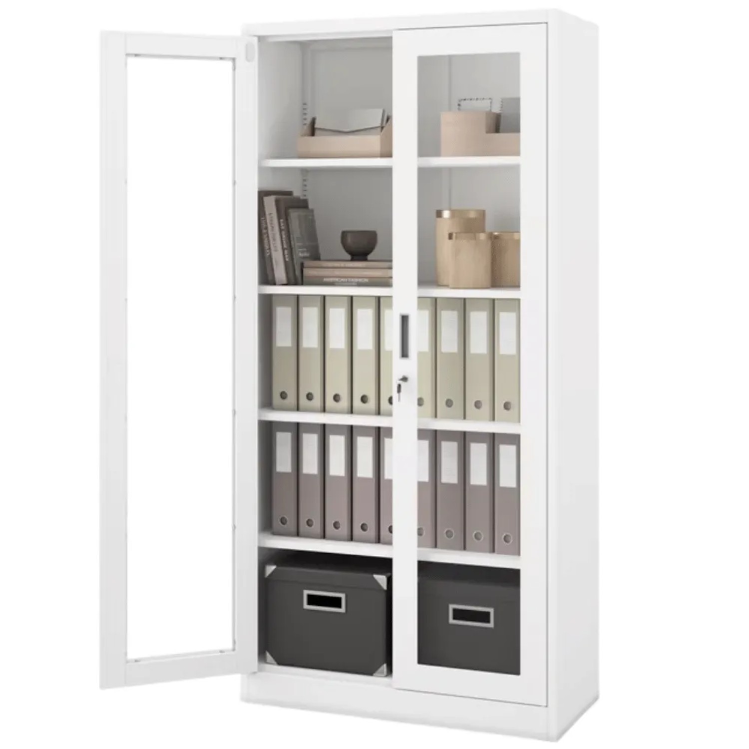 JAN NOWAK Vitrinenschrank Abschließbar AMELIA mit Glastüren 185 x 90 x 40 cm Weiß