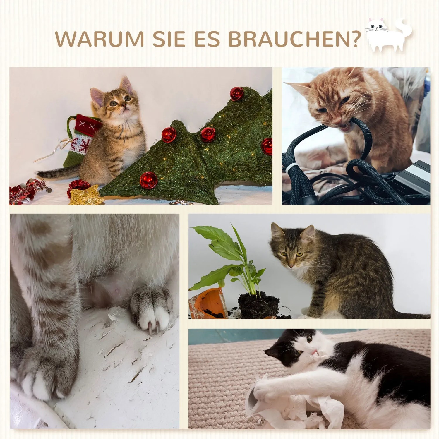 Collage: Katzen beim Spielen und Kratzen, um die Notwendigkeit eines PawHut Kratzbaums zu zeigen.