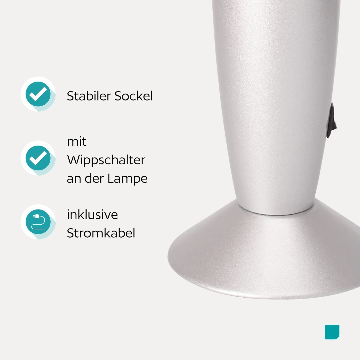 Silberner Sockel der Eglo LED-Lavatischleuchte mit Wippschalter. Robuste Basis für LED-Tischleuchte.
