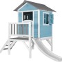 Axi Lodge XL Spielhaus in Karibikblau mit Rutsche und Veranda. Das Holzspielhaus für den Garten.