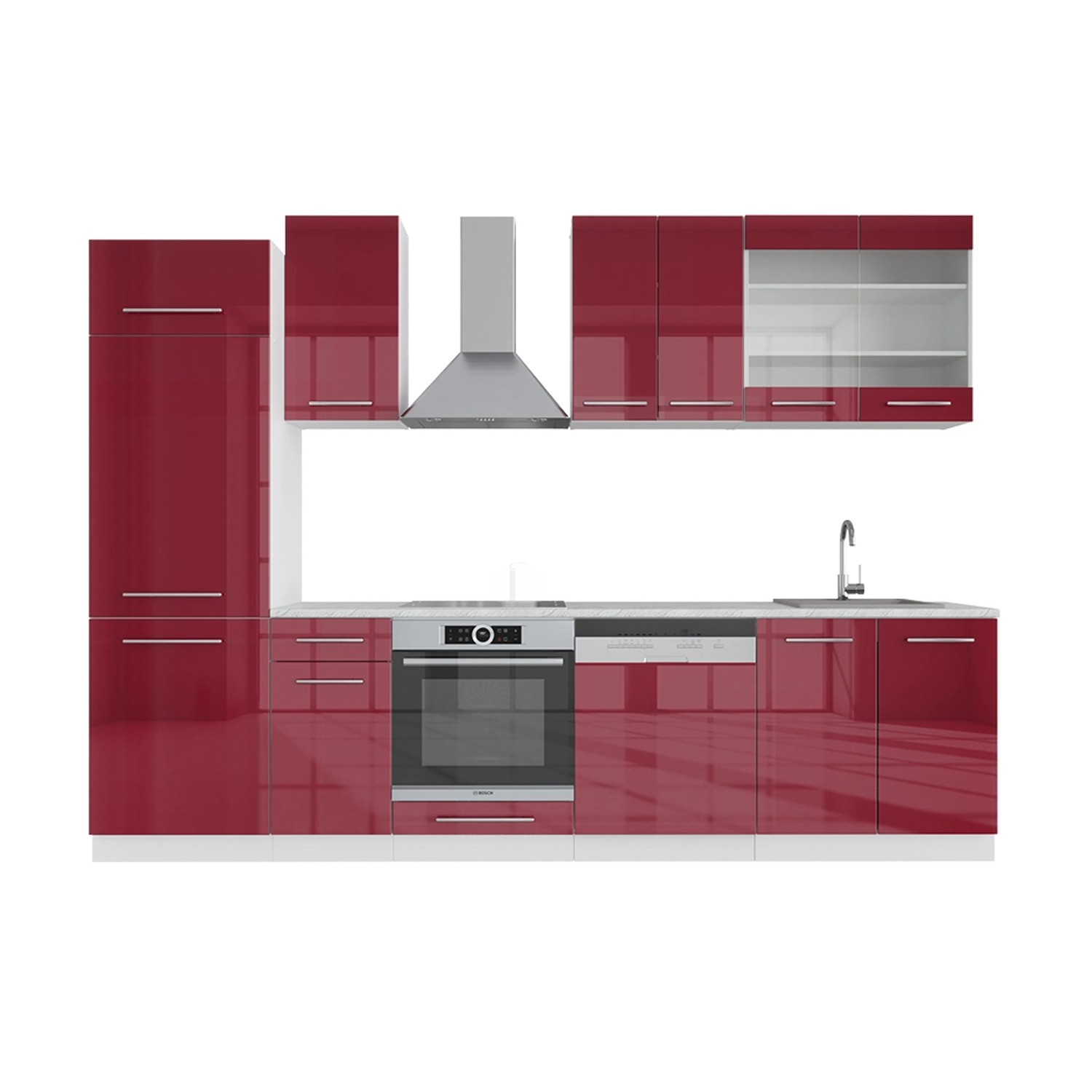 Vicco Fame-Line Küchenzeile Bordeaux Hochglanz/Weiß 300 cm ohne Arbeitsplat günstig online kaufen
