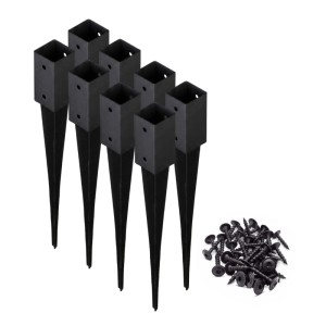 8 schwarze pulverbeschichtete Einschlaghülsen für Vierkantpfosten, inkl. Schrauben. Robuste Bodenhülsen für sicheren Halt.