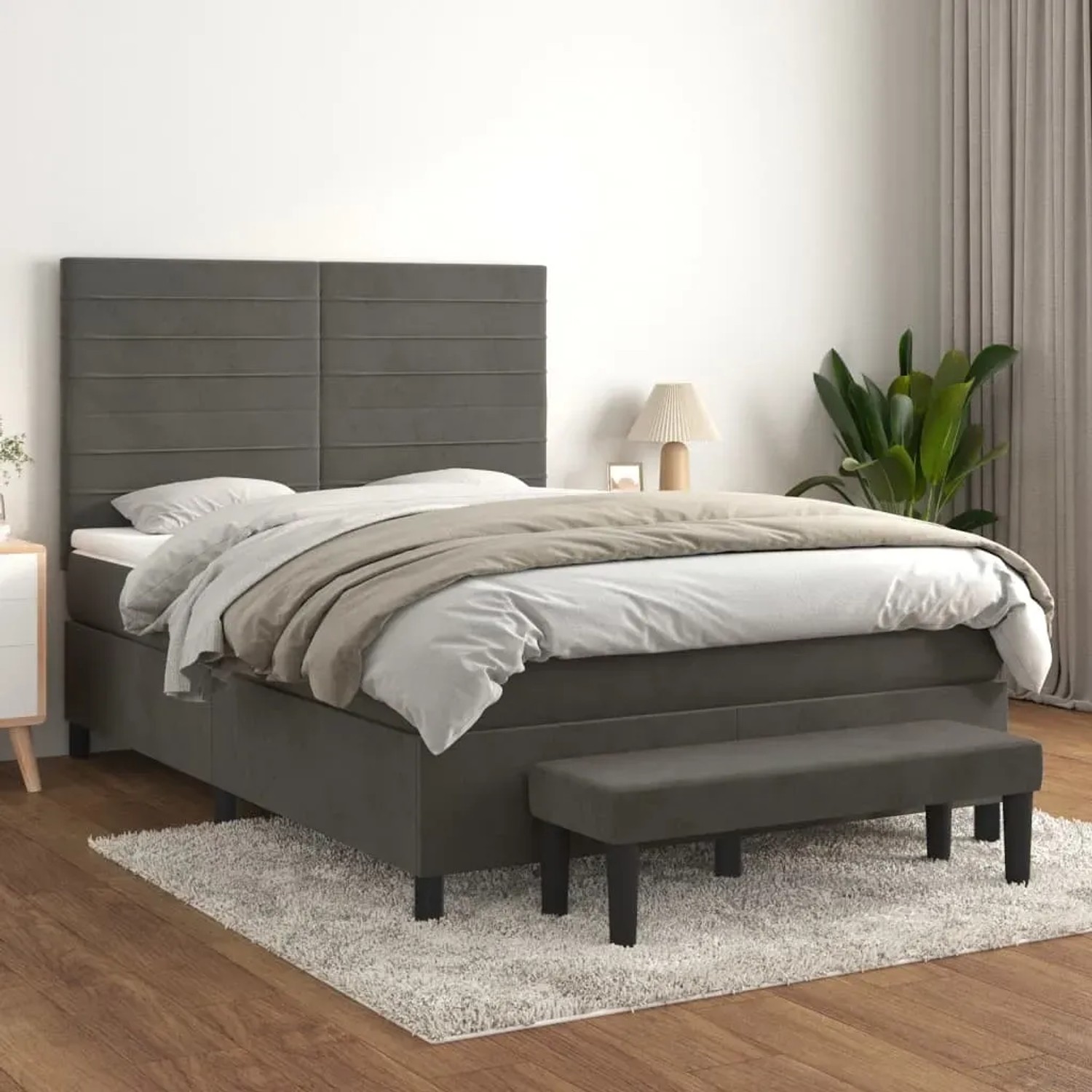 Dunkelgraues vidaXL Boxspringbett (140x190 cm) mit Matratze und Bank aus Samt.