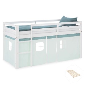 Homestyle4u Kinder Hochbett 90x200 mit grünem Vorhang, Leiter und Lattenrost.