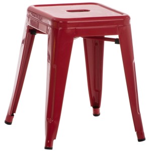 Roter Metallhocker Armin, stapelbar, mit quadratischer Sitzfläche und vier konischen Beinen. Ideal für Küche.