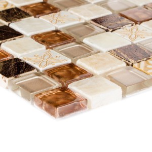 Mosaik Glas & Stein Maya Sun, 30x30 cm, für den Innenbereich. Braune, beige und klare Optik.