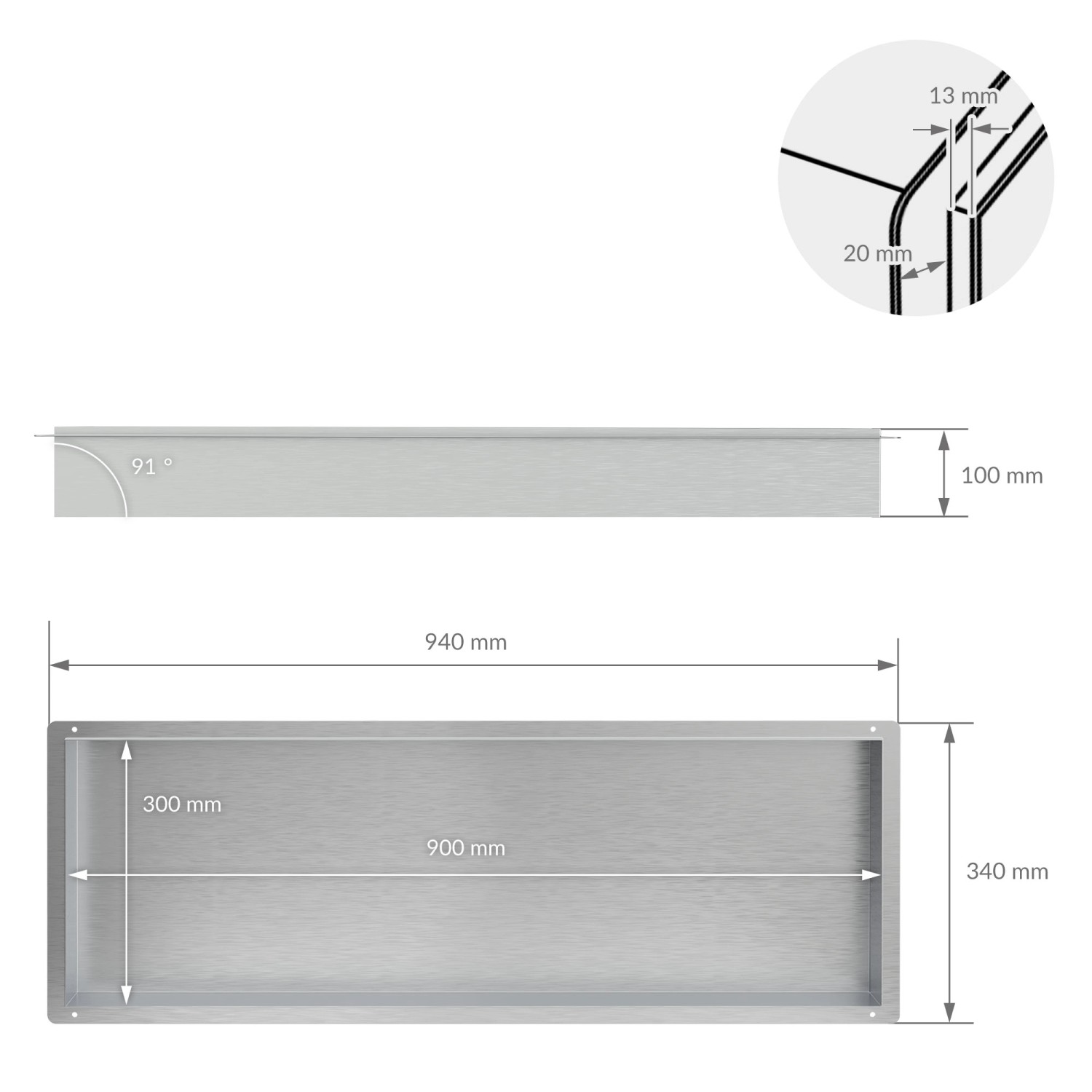 Technische Zeichnung: LuxeBath Wandnische, 90x30x10 cm, Edelstahl, silberne Duschnische mit Maßangaben.