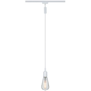 Weißer Paulmann Urail Pendeladapter für Schienensystem, mit montierter Glühbirne.