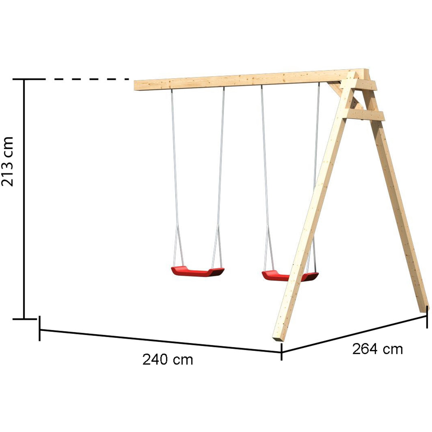 Karibu Doppelschaukel-Anbau aus naturbelassenem Holz mit zwei roten Schaukelsitzen.
