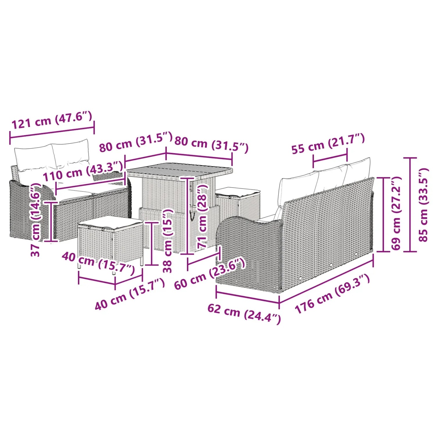 Graues 8-teiliges Garten-Sofa-Set aus Poly Rattan mit Tisch und Hockern.