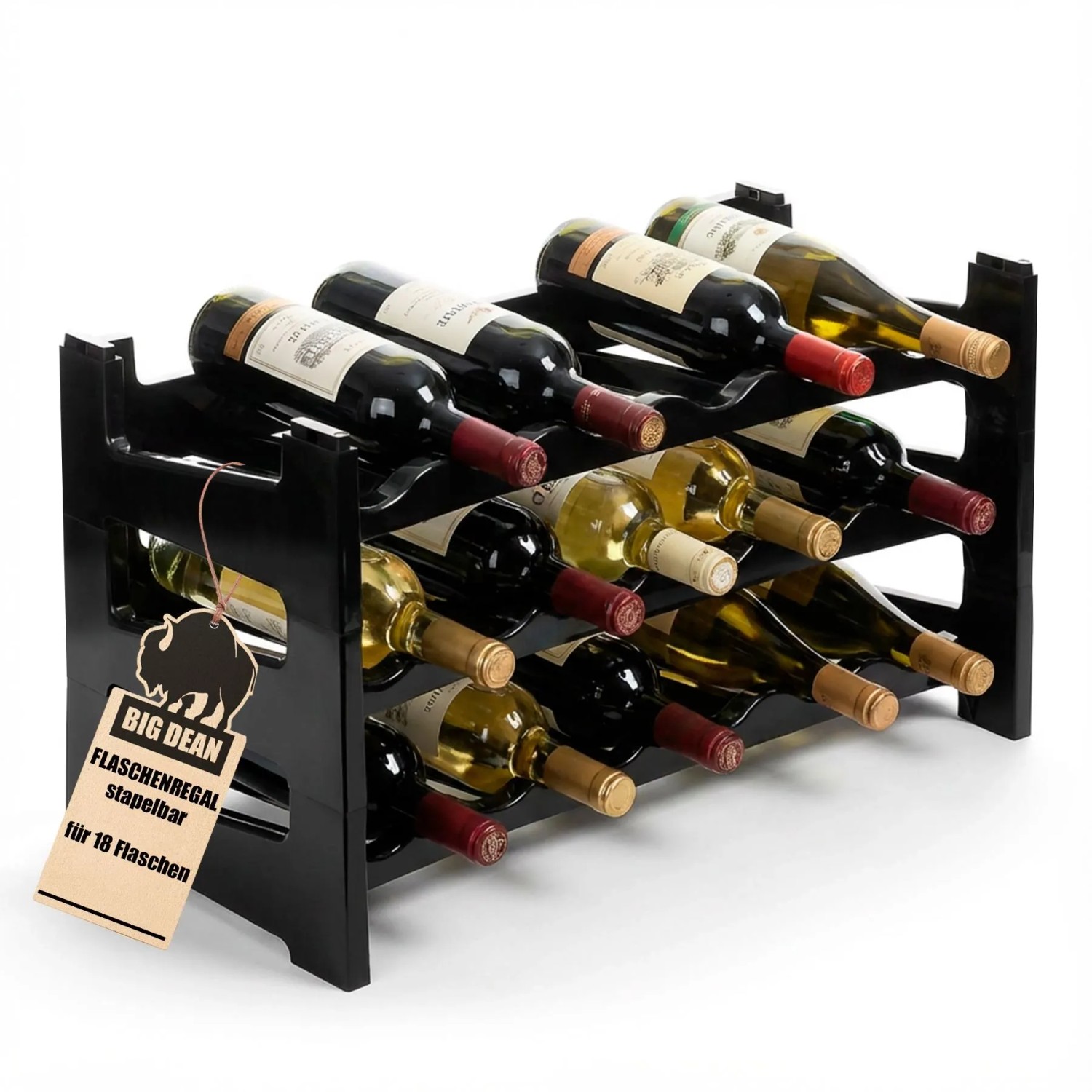 BigDean Flaschenregal Stapelbar Für 18 Flaschen Weinregal Aus Kunststoff Schwarz Getränkeregal Flaschen Regalsystem Für Glas & PET Bis 1,5 Liter