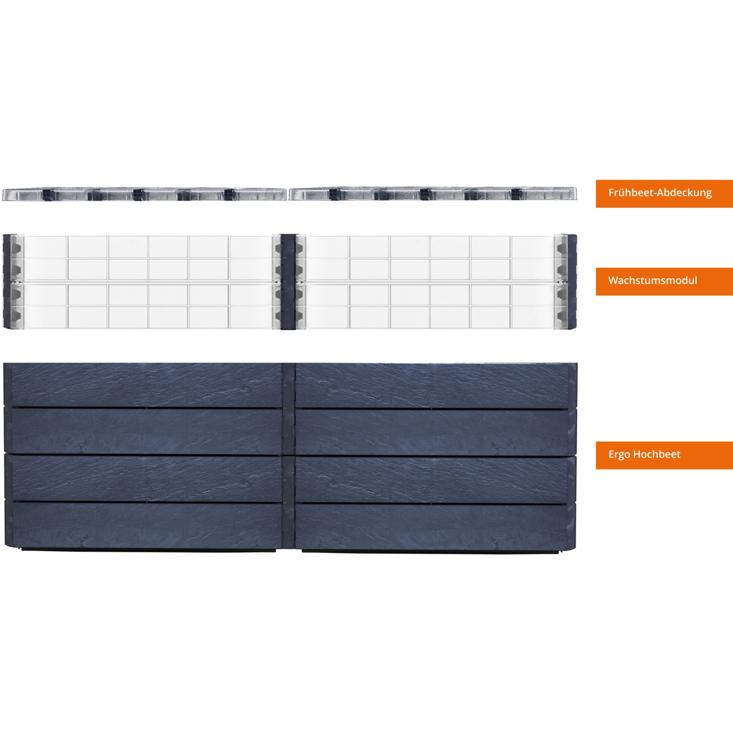 Garantia Hochbeet-System Ergo Quadro Stone, 80x160x80cm, mit Frühbeetabdeckung und Wachstumsmodul.