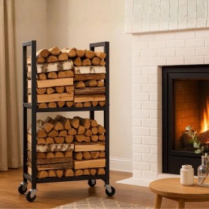 Schwarzes Kaminholzregal XS mit Rollen, 2 Ebenen, gefüllt mit Holzscheiten vor Kamin.