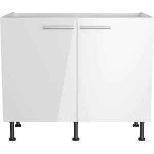 Weißer Optifit Spülenunterschrank Rurik986, 100 cm breit, mit zwei Türen und Edelstahlgriffen.