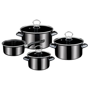 GSW Kochtopf Set Profi Black Star: 4 schwarze Töpfe mit Glasdeckeln, Innenskalierung. Für alle Herdarten geeignet.