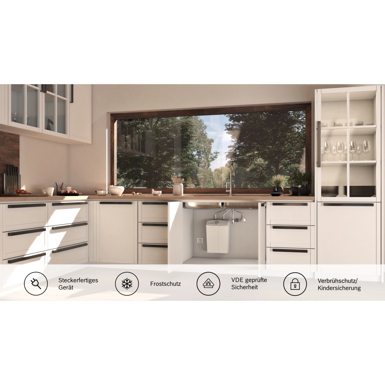 Bosch Kleinspeicher Tronic Store Compact in Küchenzeile integriert.