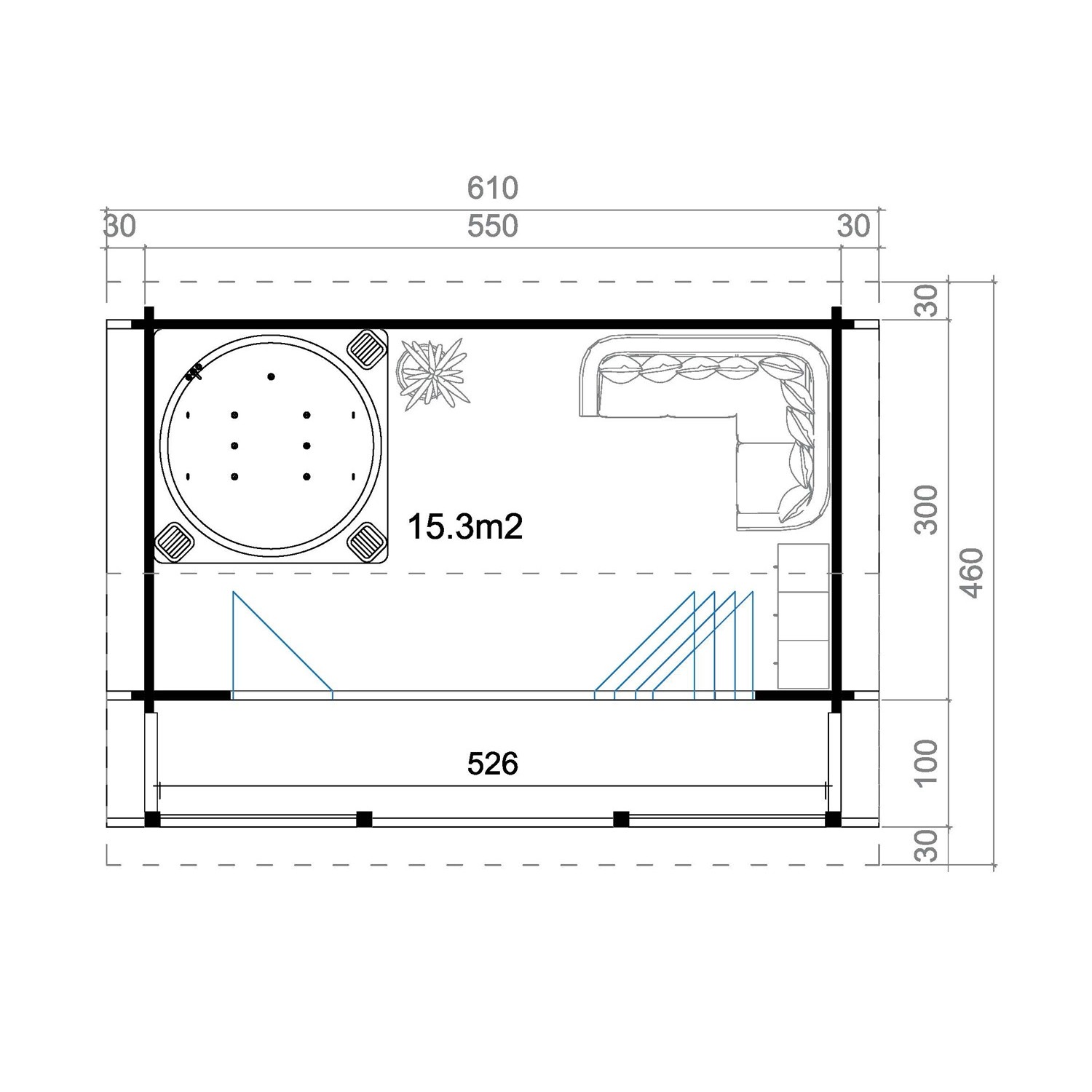 Grundriss Lasita Maja Gartenhaus Lyndhurst, 550x300cm, mit Terrasse, Whirlpool und Lounge-Bereich.