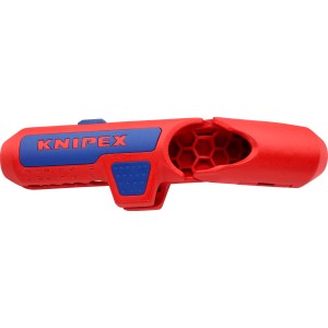 Knipex ErgoStrip Universal-Abmantelungswerkzeug, rote Zange mit blauem Logo und Details.