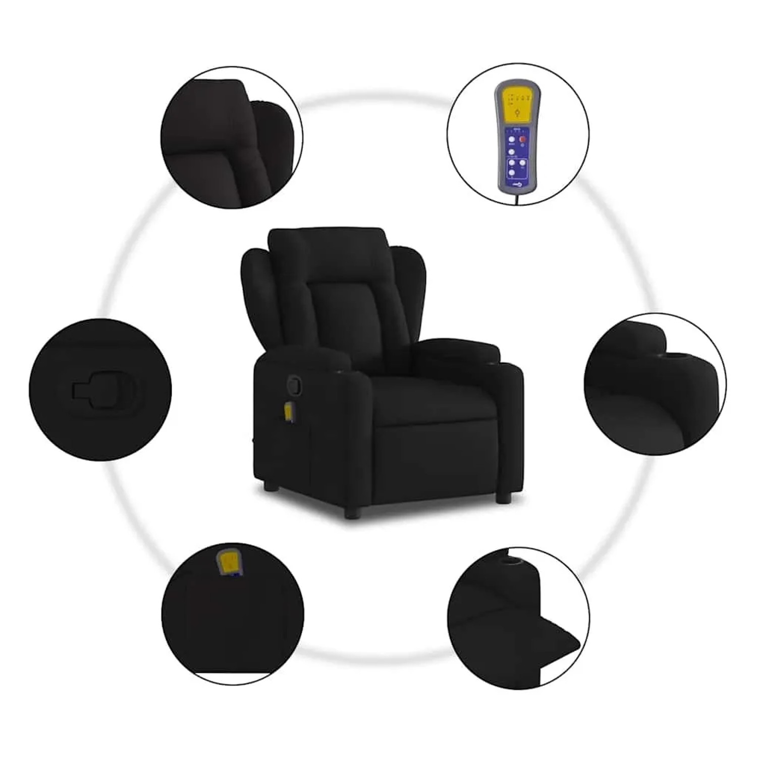Schwarzer Relaxsessel mit Massagefunktion und Fernbedienung. Bequemer Massagesessel für entspannte Stunden.