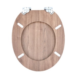 Brauner WC-Sitz mit Holzmaserung und Absenkautomatik. Robuster MDF Holzkern mit Metallscharnieren für Ihr Bad.