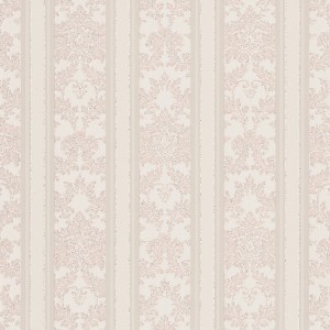 Beige Papiertapete mit Streifen und floralem Muster.