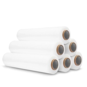 Sechs Rollen weiße DeTec. Stretchfolie (150m) für Versand und Verpackung.