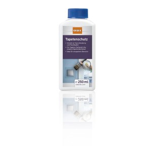 Weiße OBI Tapetenschutz 250 ml Flasche mit blauem Deckel. Schützt Tapeten & Wände vor Schmutz und Feuchtigkeit.