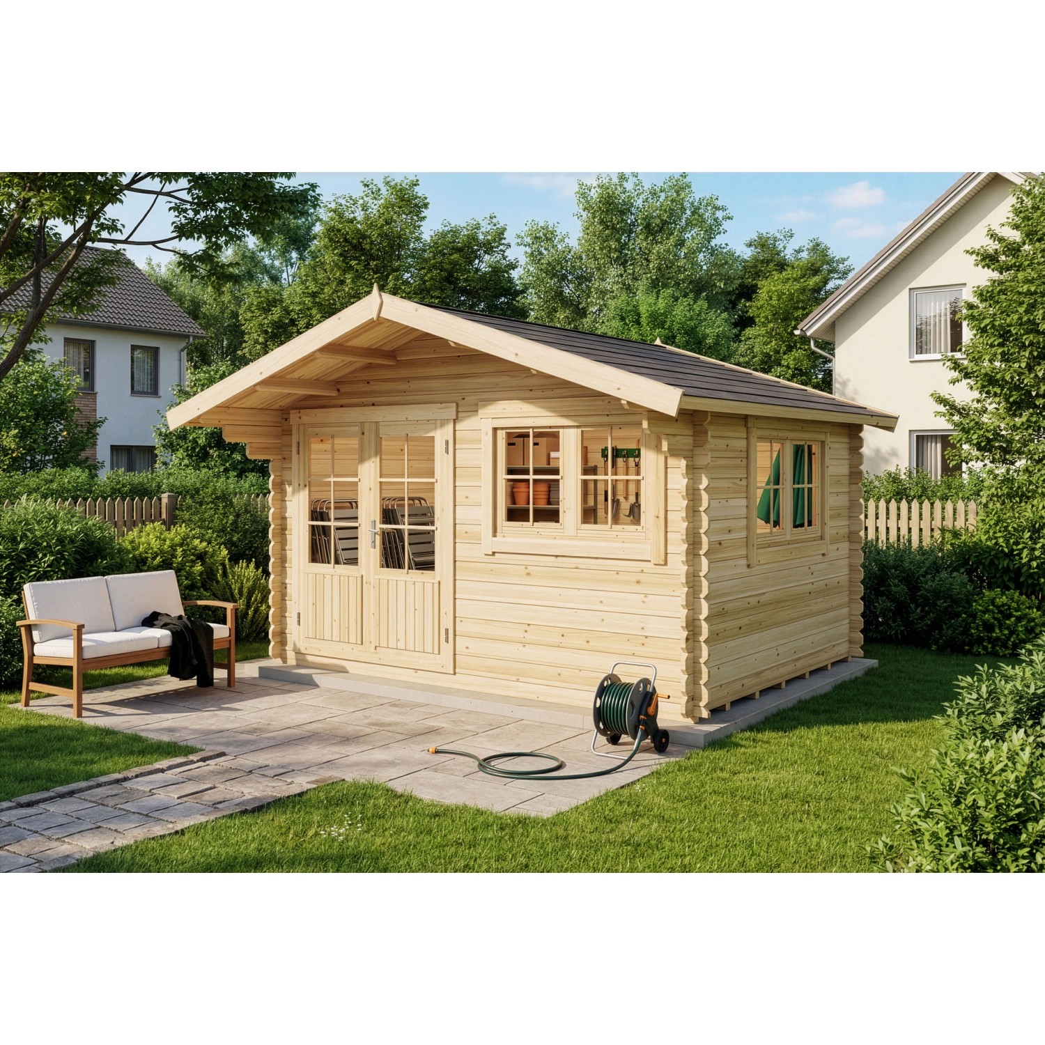 Alpholz Holz-Gartenhaus Gabriel 438x367cm Naturbelassen 28mm Wandstärke inkl. Boden