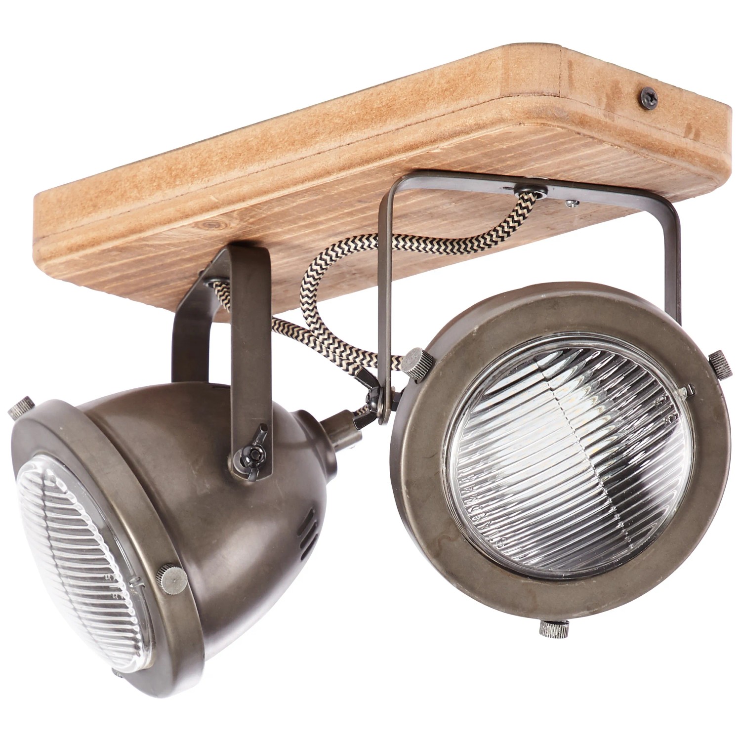 Brilliant Spot Carmen: 2-flammiger Deckenstrahler aus Holz und Metall in Burned Steel Optik.