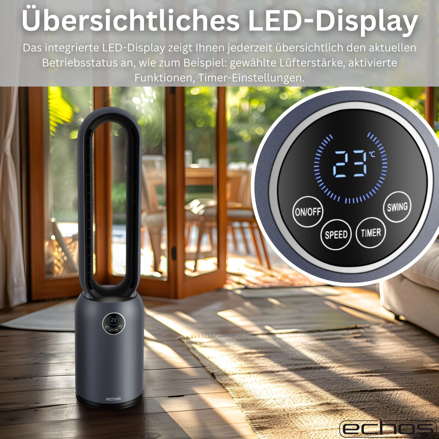 Echos Eco-1220 Turmventilator mit Fernbedienung 12h Timer 24 Stufen HEPA Filter_10